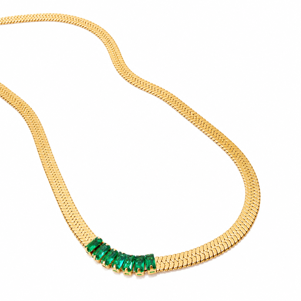 Emerald Herringbone Statement Necklace Gold Plated | 40cm + 5cm