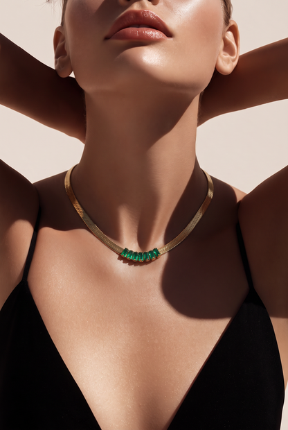 Emerald Herringbone Statement Necklace Gold Plated | 40cm + 5cm