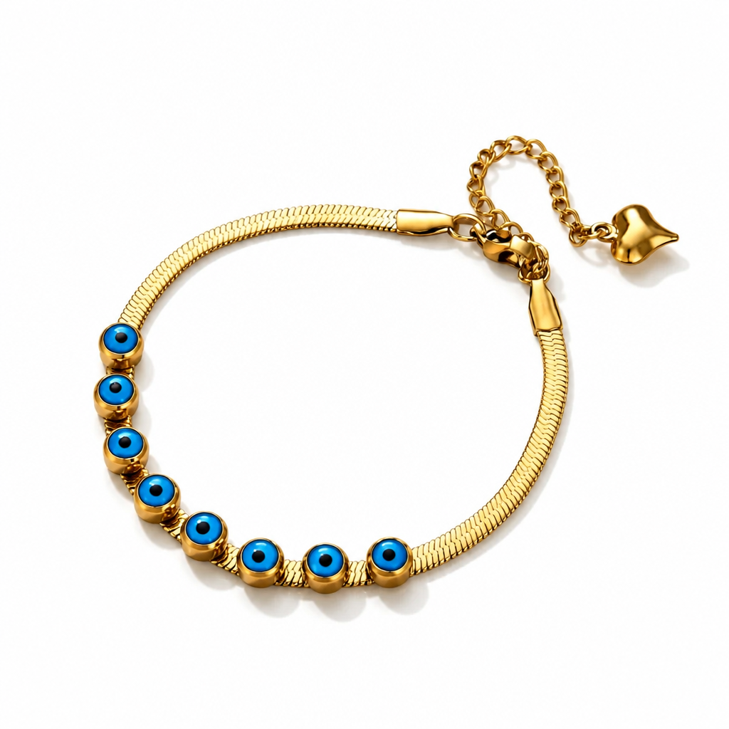 Evil Eye Herringbone Bracelet – 18K Gold Plated, Waterproof, Protection Bracelet