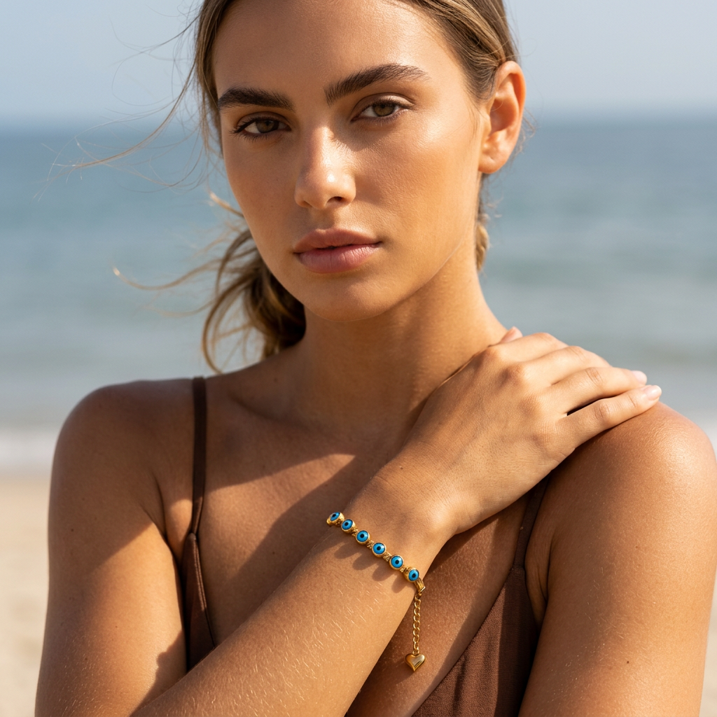 Evil Eye Herringbone Bracelet – 18K Gold Plated, Waterproof, Protection Bracelet