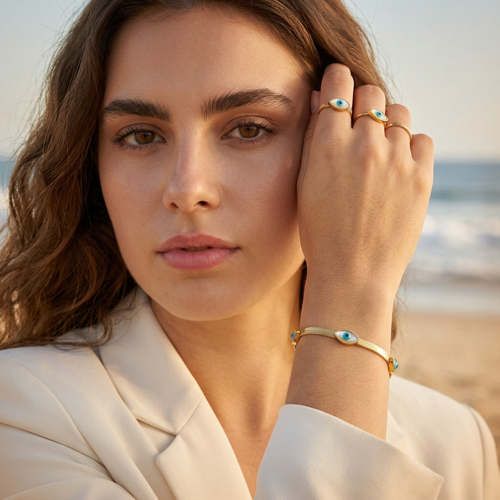Evil Eye Herringbone Bracelet – 18K Gold Plated, Waterproof, Protection Bracelet