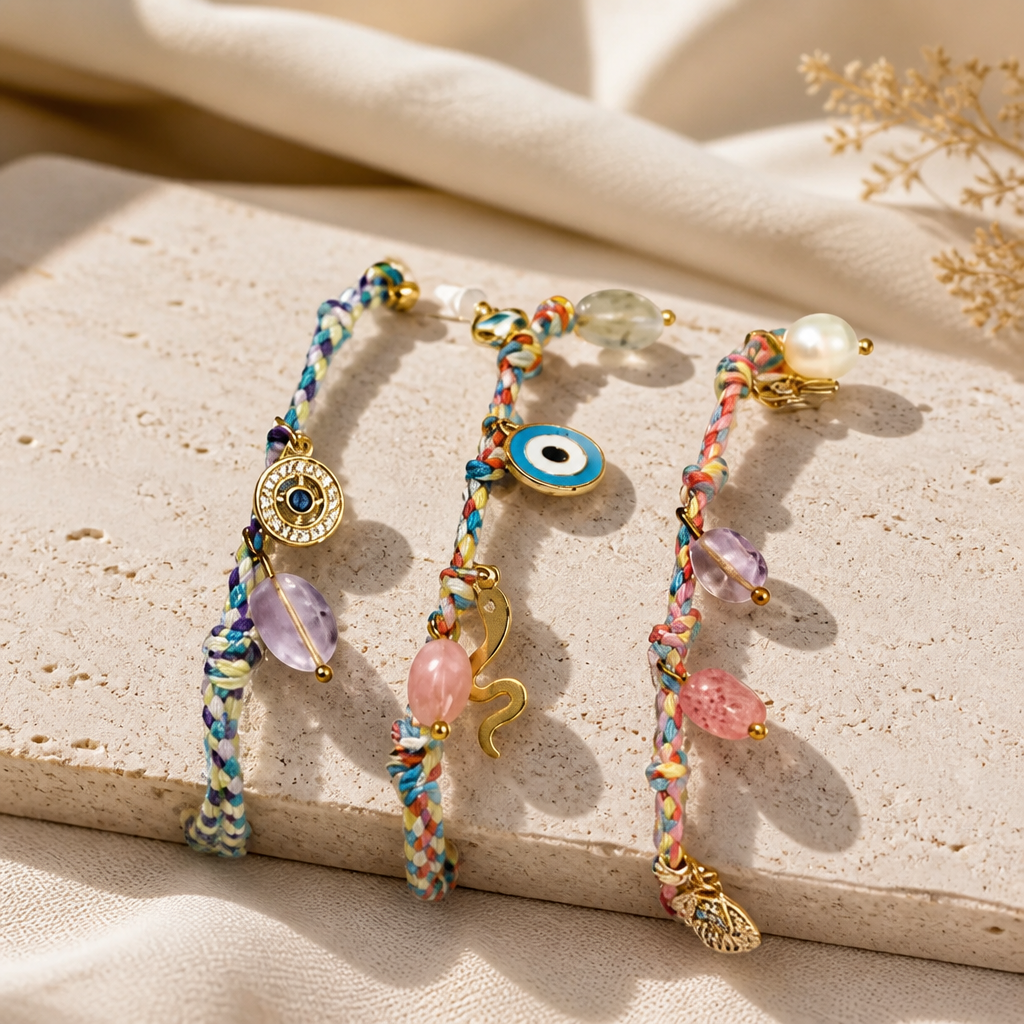 Handmade Evil Eye Braided Charm Bracelet – Colourful Tassel, Gemstone Beads, Adjustable