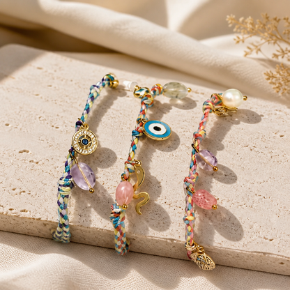 Handmade Evil Eye Braided Charm Bracelet – Colourful Tassel, Gemstone Beads, Adjustable