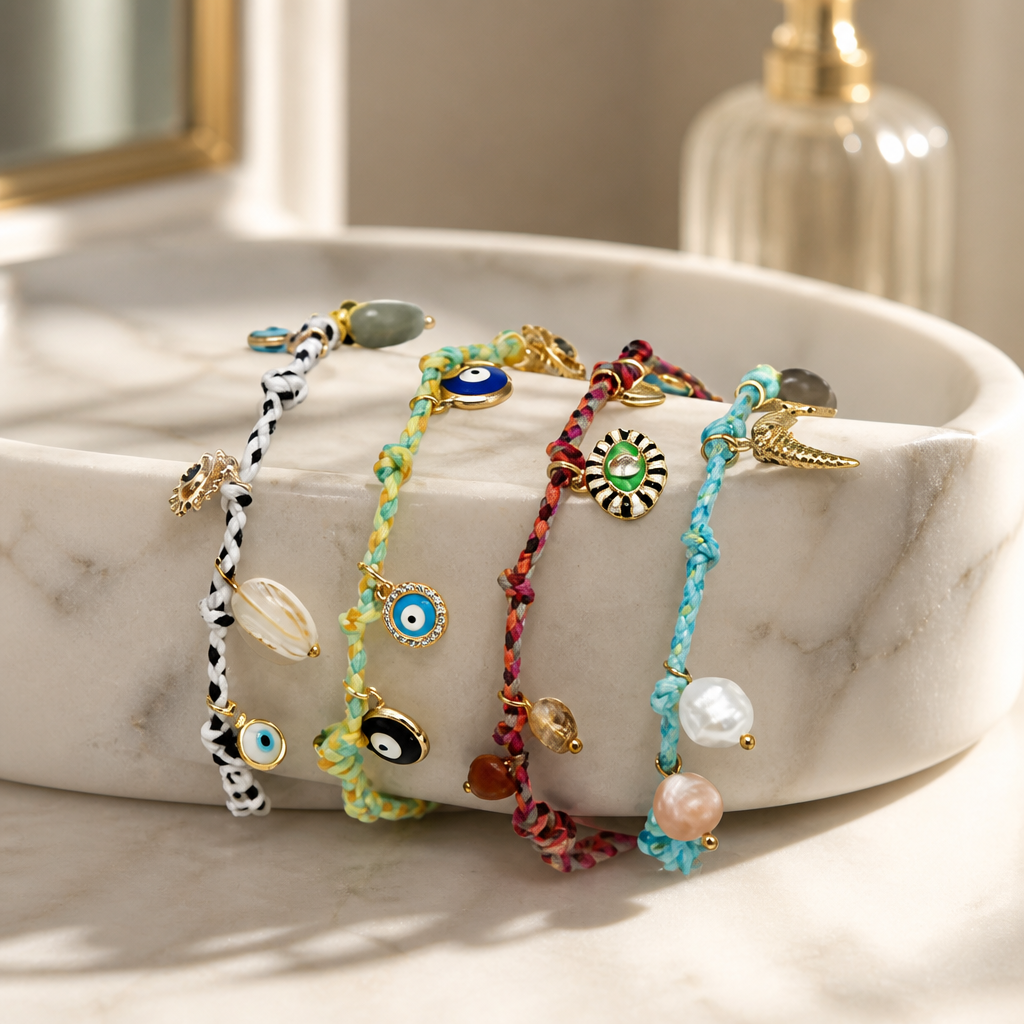 Handmade Evil Eye Braided Charm Bracelet – Colourful Tassel, Gemstone Beads, Adjustable