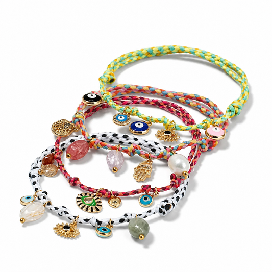 Handmade Evil Eye Braided Charm Bracelet – Colourful Tassel, Gemstone Beads, Adjustable