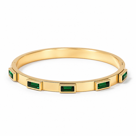 Baguette Bangle Bracelet – Gold Plated with Emerald Green Stones, Hidden Clasp, Waterproof