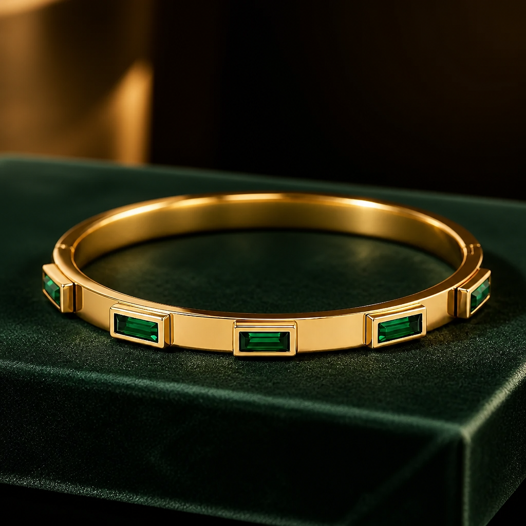 Baguette Bangle Bracelet – Gold Plated with Emerald Green Stones, Hidden Clasp, Waterproof