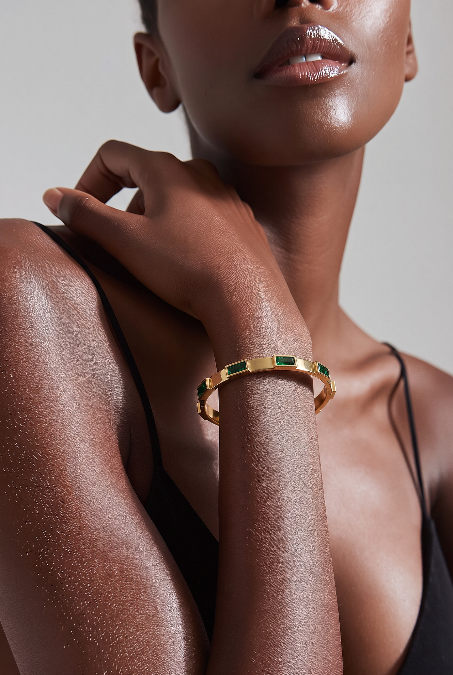Baguette Bangle Bracelet – Gold Plated with Emerald Green Stones, Hidden Clasp, Waterproof