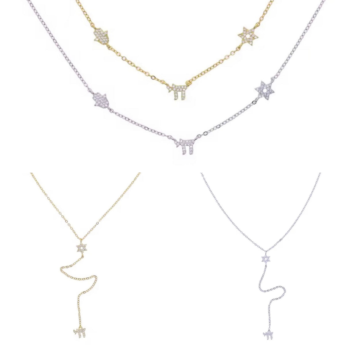Star of David - Magen David, Hamsa & Chai Diamante Charm Necklace - Judaica Jewellery