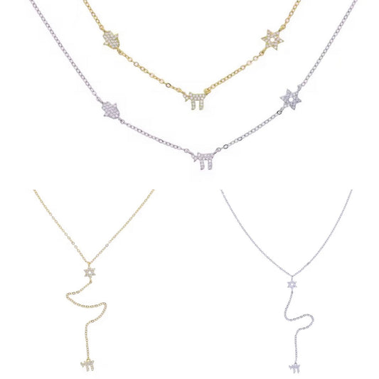 Star of David - Magen David, Hamsa & Chai Diamante Charm Necklace - Judaica Jewellery