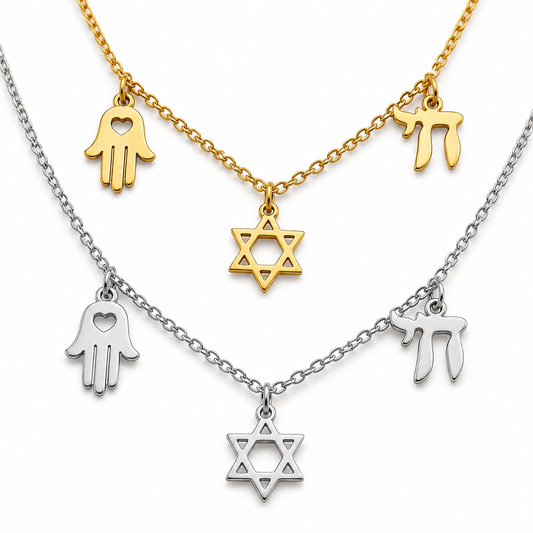Star of David - Magen David, Hamsa & Chai Charm Necklace