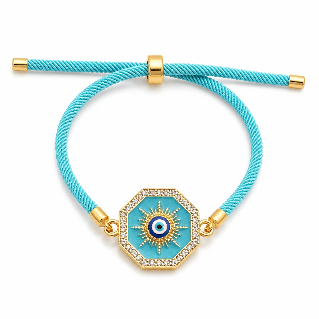 Gold-Tone Evil Eye Adjustable Rope Bracelet | Rhinestone Sparkle Protection Jewellery