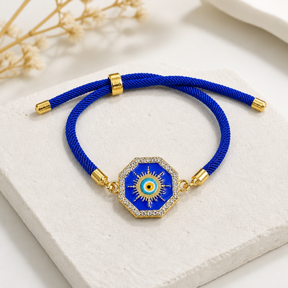 Gold-Tone Evil Eye Adjustable Rope Bracelet | Rhinestone Sparkle Protection Jewellery