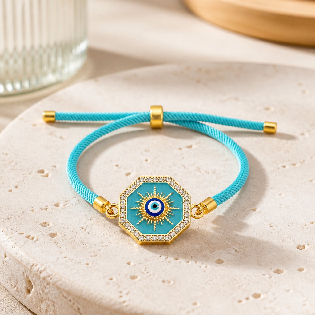 Gold-Tone Evil Eye Adjustable Rope Bracelet | Rhinestone Sparkle Protection Jewellery