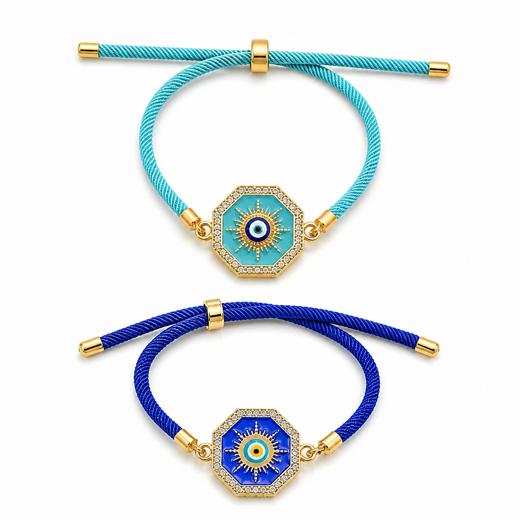 Gold-Tone Evil Eye Adjustable Rope Bracelet | Rhinestone Sparkle Protection Jewellery