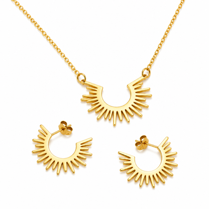 Gold Sunburst Necklace & Hoop Earring Set | Hypoallergenic Jewelry