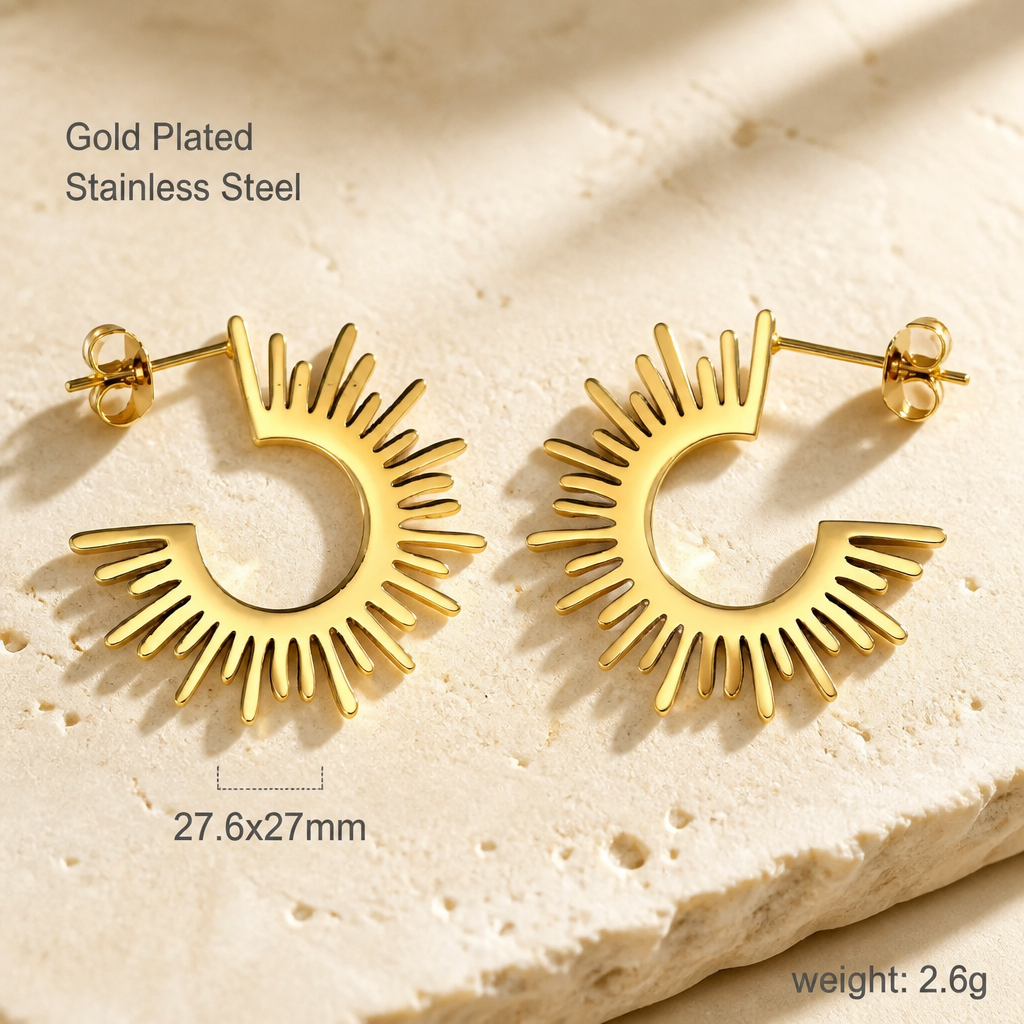 Gold Sunburst Necklace & Hoop Earring Set | Hypoallergenic Jewelry