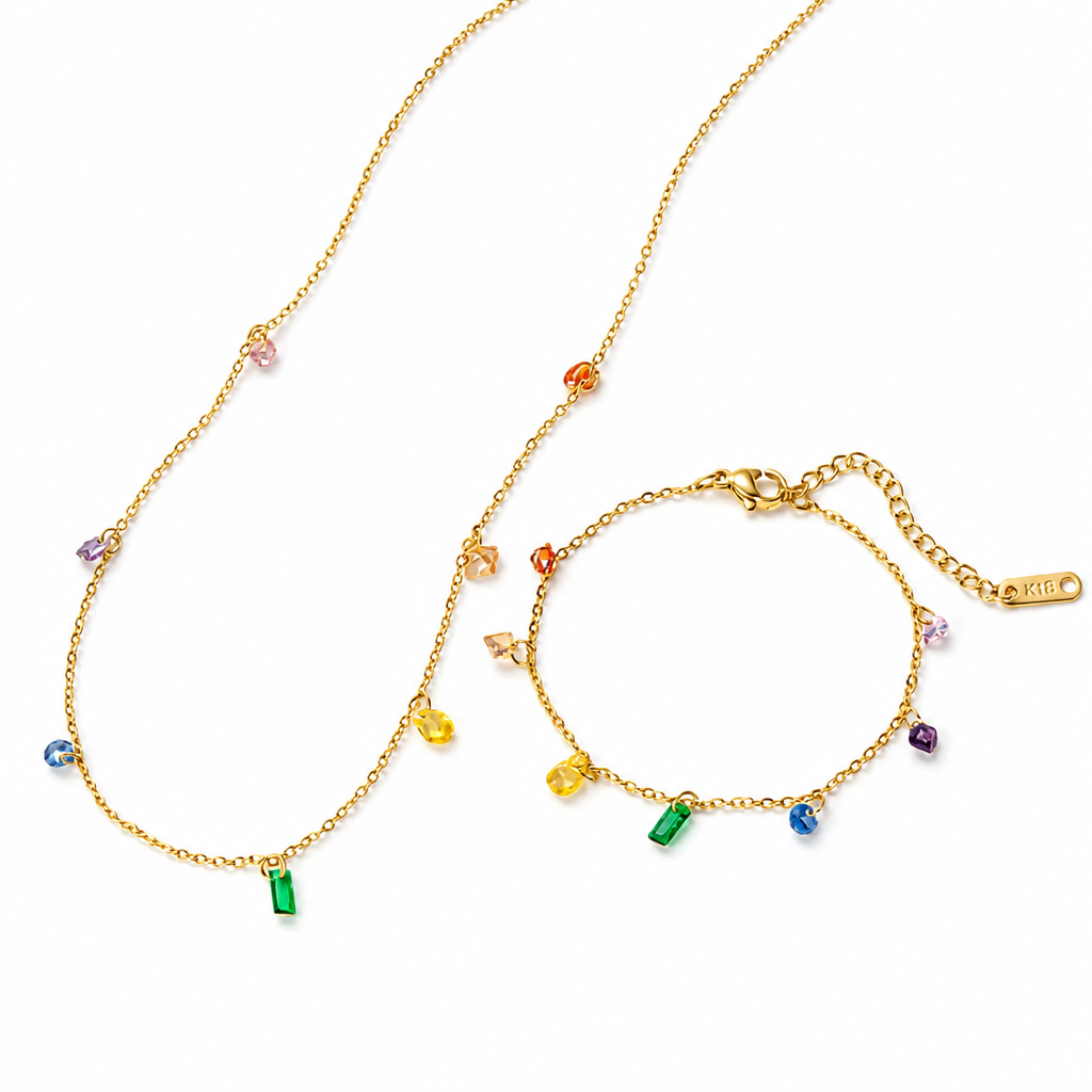Rainbow Opalescent Water Drop Necklace & Bracelet Set | Hypoallergenic Jewelry