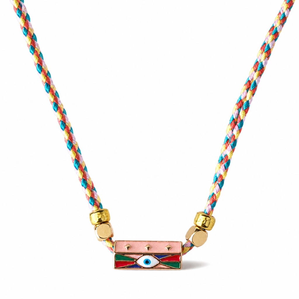 Gold Plated Evil Eye Enamel Bead Rope Necklace - Boho Charm Statement Jewelry