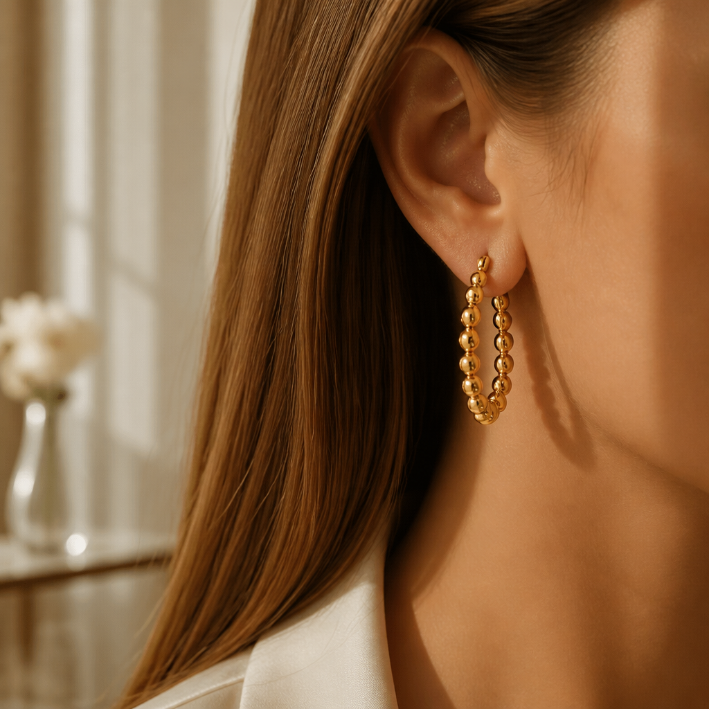 Graduated Bead Oval Hoop Earrings — Gold