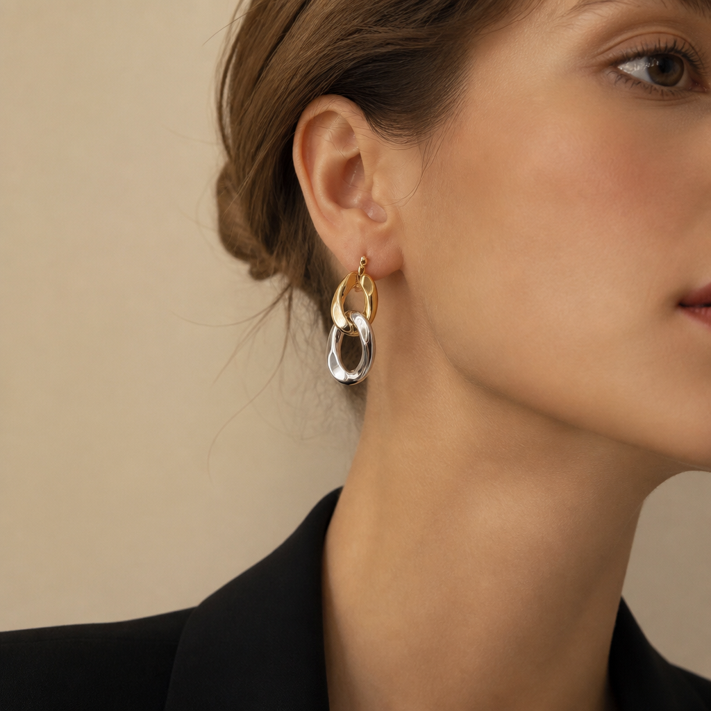 Two-Tone Interlocking Link Drop Earrings — Silver & Gold Hoops