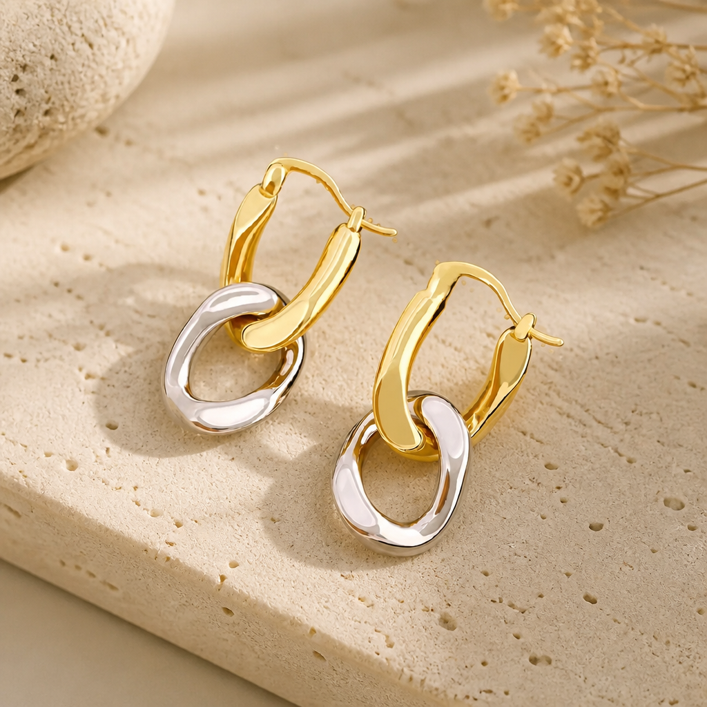 Two-Tone Interlocking Link Drop Earrings — Silver & Gold Hoops