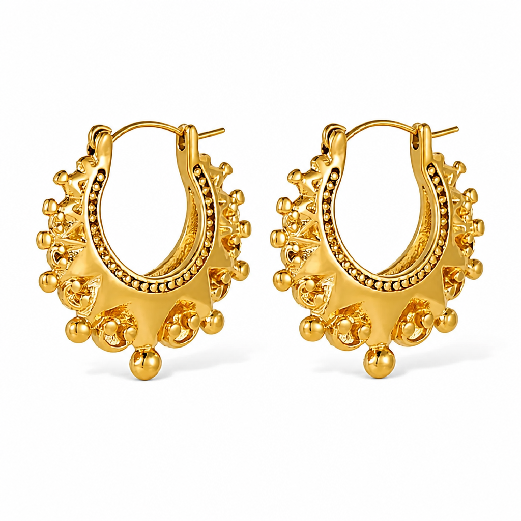 Ornate Gold Boho Hoop Earrings — Beaded Filigree Statement Hoops