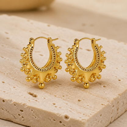 Ornate Gold Boho Hoop Earrings — Beaded Filigree Statement Hoops