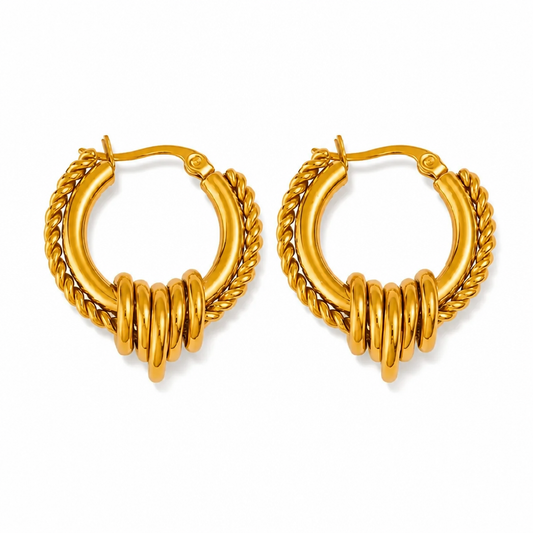 Twisted Rope Gold Hoop Earrings with Charm Rings — Chunky Textured Statement Hoops