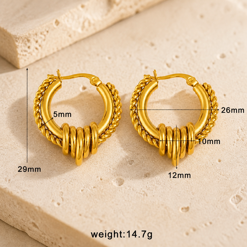 Twisted Rope Gold Hoop Earrings with Charm Rings — Chunky Textured Statement Hoops