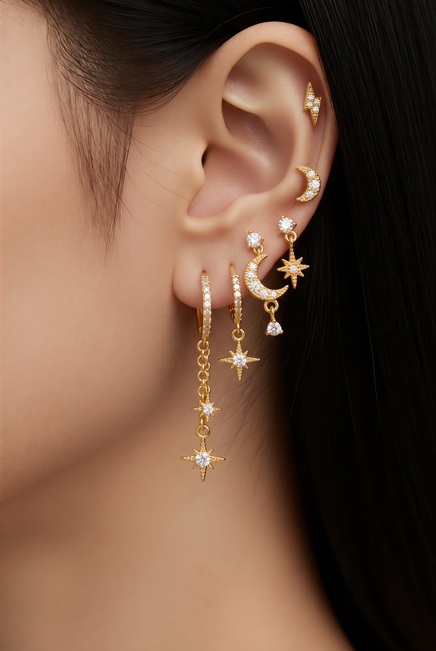 Celestial Stack Earring Set — 6 Piece Gold Mix & Match Studs, Huggies & Dangles