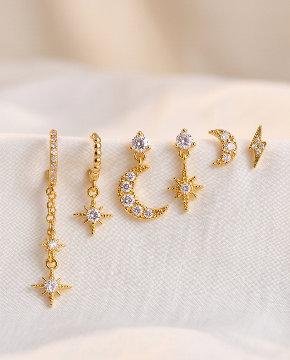 Celestial Stack Earring Set — 6 Piece Gold Mix & Match Studs, Huggies & Dangles