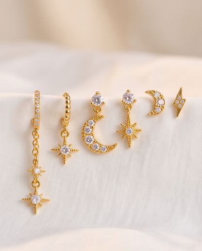 Celestial Stack Earring Set — 6 Piece Gold Mix & Match Studs, Huggies & Dangles