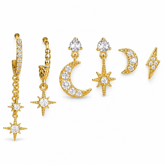 Celestial Stack Earring Set — 6 Piece Gold Mix & Match Studs, Huggies & Dangles