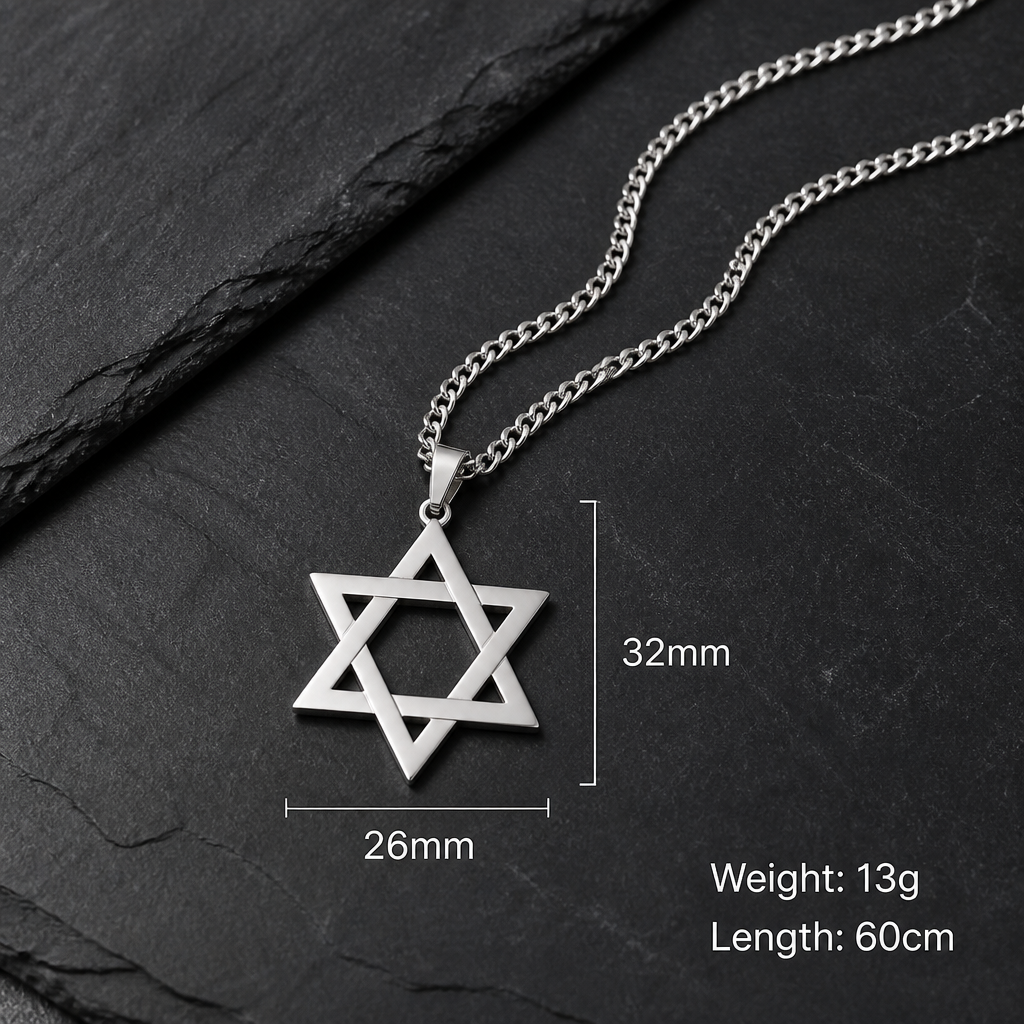 Star of David Pendant Necklace — Men’s & Unisex | Silver, Gold, Charcoal | 60cm Curb Chain