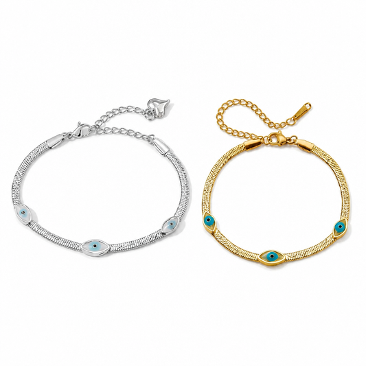 Evil Eye Herringbone Bracelet – 18K Gold Plated, Waterproof, Protection Bracelet