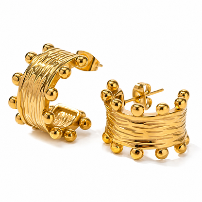 Wood Grain Textured Chunky Hoop Stud Earrings — 18K Gold Plated