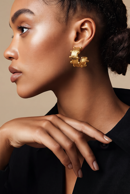 Wood Grain Textured Chunky Hoop Stud Earrings — 18K Gold Plated