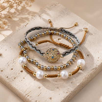 Golden Hour Trio Bracelet Set, Evil Eye Medallion, Pearl & Two-Tone Beads