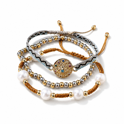 Golden Hour Trio Bracelet Set, Evil Eye Medallion, Pearl & Two-Tone Beads