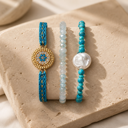 Ocean Trio Bracelet Set, Turquoise, Coin Pearl & Woven Charm