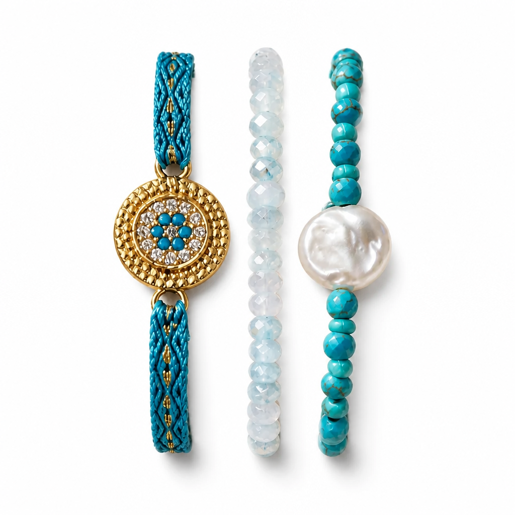 Ocean Trio Bracelet Set, Turquoise, Coin Pearl & Woven Charm