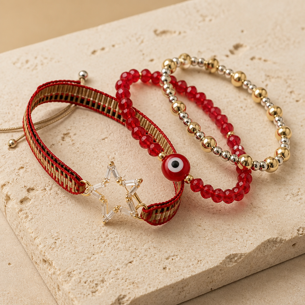 Layered Trio Bracelet Set, Evil Eye, Star Crystal & Beads -Last set