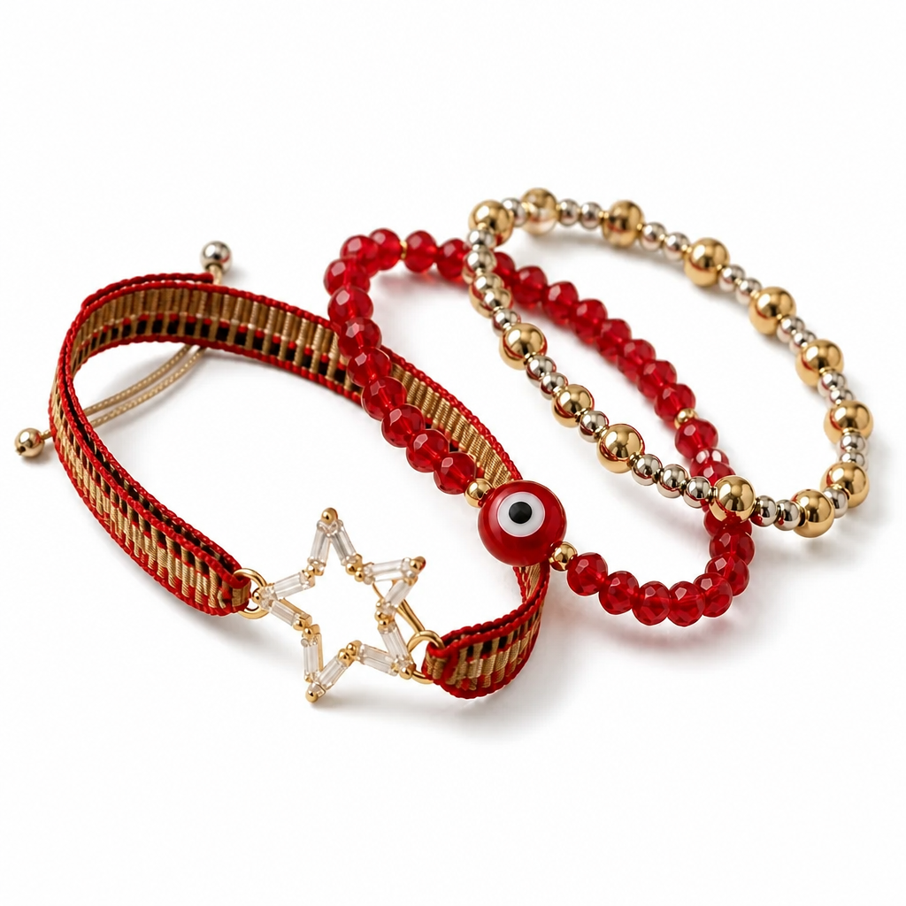 Layered Trio Bracelet Set, Evil Eye, Star Crystal & Beads -Last set