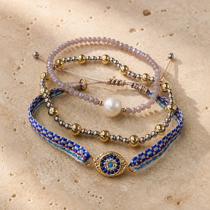 Boho Luxe 3-Piece Bracelet Stack, Evil Eye, Pearl & Crystal, Final Sale