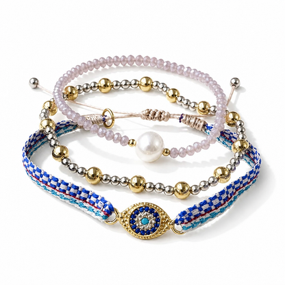 Boho Luxe 3-Piece Bracelet Stack, Evil Eye, Pearl & Crystal, Final Sale