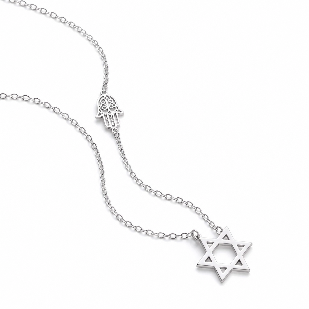 Star of David & Hamsa Necklace, Gold & Silver Magen David Pendant, Tarnish-Free Stainless Steel Jewish Protection Necklace