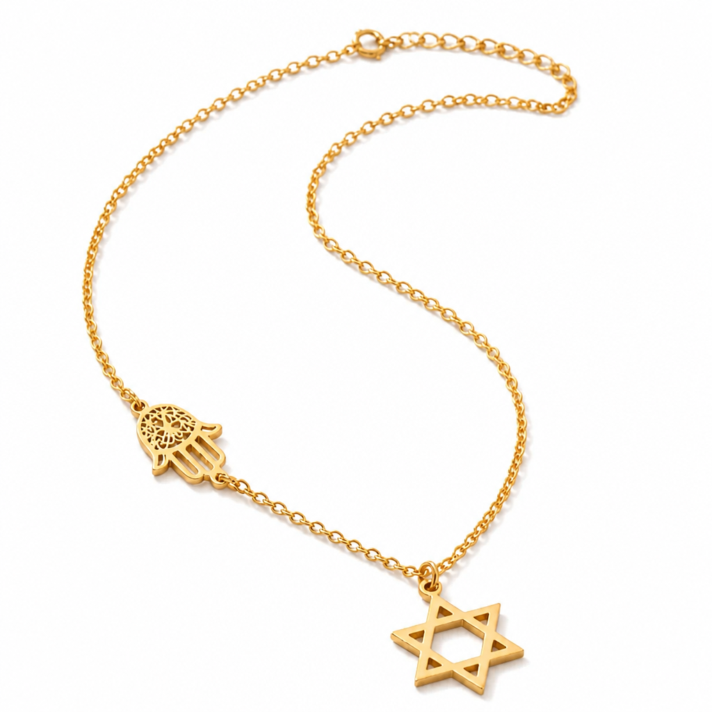 Star of David & Hamsa Necklace, Gold & Silver Magen David Pendant, Tarnish-Free Stainless Steel Jewish Protection Necklace