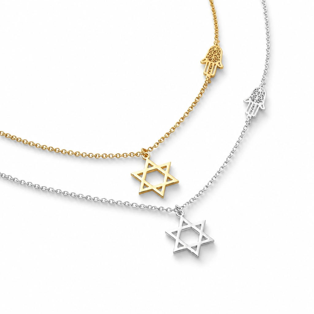 Star of David & Hamsa Necklace, Gold & Silver Magen David Pendant, Tarnish-Free Stainless Steel Jewish Protection Necklace