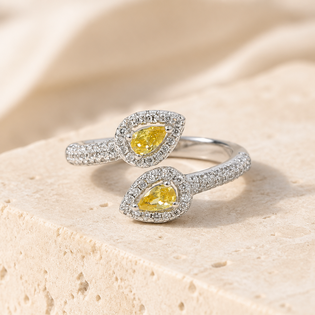 Double Pear Shaped Halo Bypass Adjustable Cocktail Ring